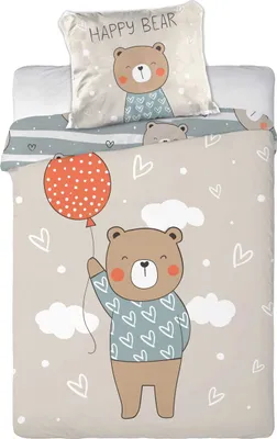 A children's bedding set featuring a teddy bear illustration.