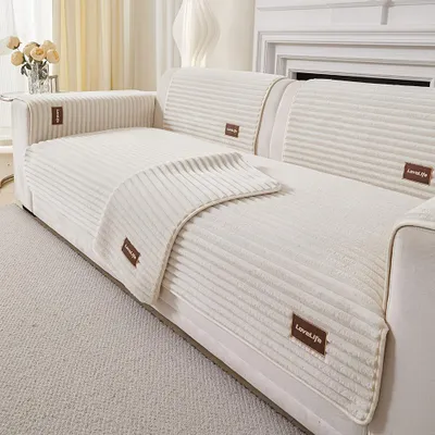 Produktbild von Plüsch Warm Sofabezug,90x210cm Couchbezug,4 Sitzer,Dicke Sofa ,Antirutsch Sofahusse,Möbelschutz,cremeweiß Sofa-Matte.
