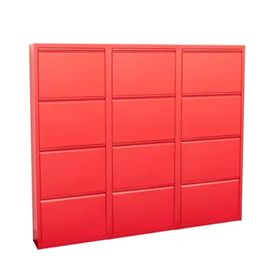 Produktbild von Pisa Schuhschrank mit 12 Klappen/Türen in Metall rot. Fertig montiert geliefert.