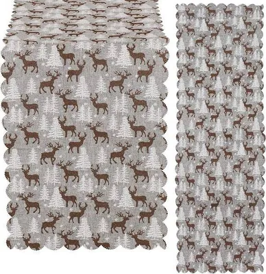 Obrázek produktu pro Vánoční ubrus 186x35 cm Sobi a Stromky, šedo-hnědý