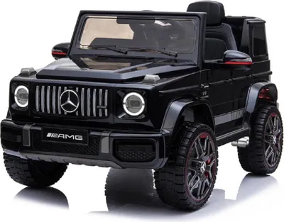 A black Mercedes G63 AMG toy car is shown from the front-left angle on a white background.