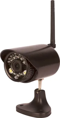 A black security camera with an antenna is shown against a white background.