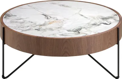 Zdjęcie produktu dla Okrągły stolik kawowy Angel Cerdá z porcelanowego marmuru, orzecha włoskiego i czarnej stali 2138