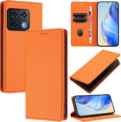 Produktbild von Litchi Leder Handyhülle für OnePlus 10 Pro Wallet Kartenfächer Standfunktion Hülle Orange