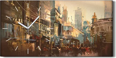 Produktbild von Wohnzimmer-Bild Leinwand Uhr Quarz 60x30 Stadt modern Menschen Straße Gebäude - weiße Hände