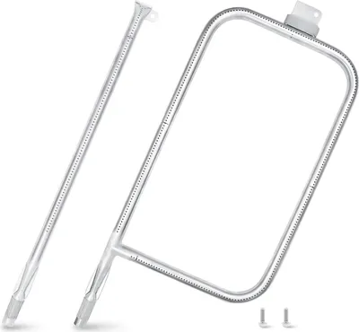 A silver metal gas grill burner tube and a separate straight burner tube are shown against a white background.