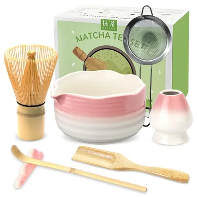 Produktbild von Matcha-Set, 7-teilig – Bambusbesen – Keramische Schale mit Ausgießer – Matcha-Sieb – Teelöffel – Perfekt für Matcha-Liebhaber – Matcha-Set