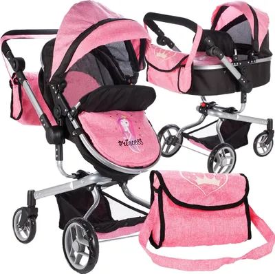 Produktbild von MalPlay Puppenwagen Little Princess | Kinderwagen Puppen zusammenklappbar | Kinderwagen Spielzeug für Puppen bis ca. 55 cm | ab 3 Jahren | rosa mit Prinzessin - Motiv