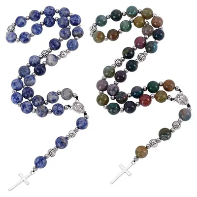 Image de Omgoods - Perles de rosaire faites à la main, avec des pendentifs en pierre naturelle et en alliage