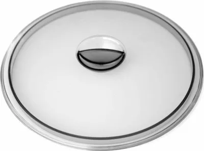 A close-up, top-down view of a round glass lid with a metal rim and a gray handle in the center.