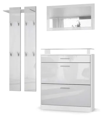 Produktbild von Garderobe Loret mini, Garderobenset mit 1 Schuhschrank, 1 Wandspiegel und 2 Garderobenpaneelen, Weiß matt/Weiß Hochglanz
