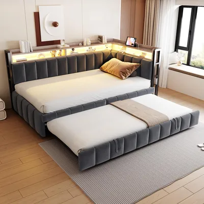 Image de Canapé-lit 90x200 cm, avec éclairage LED, port USB, espace de rangement, étagères, couleur gris foncé