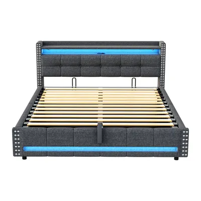 Produktbild von Flieks Polsterbett 160x200cm mit Ladefunktion (USB & Steckdose), Stauraumbett Boxspringbett mit Strauraum, Jugendbett Doppelbett mit LED, Leinen, Grau