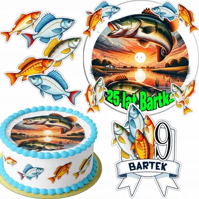 Produktbild von Zestaw Opłatek Na Tort 20Cm + 16 Postaci - Wędkarskie Rybak +Imię 15Cm 18Cm