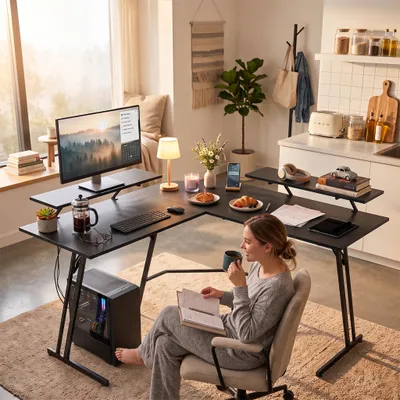 Image de Bureau d'angle noir de 140x140 cm avec passe-câbles, texture en fibre de carbone, plateau résistant aux rayures et structure en acier robuste, idéal comme bureau de jeu ou pour ordinateur