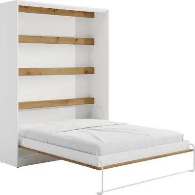 Produktbild von Klappbarer Kleiderschrank Bett 160 × 200 cm - Manuelle vertikale Öffnung - LED-Beleuchtung - Weiß und natürlich - RAPILI