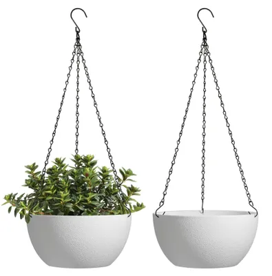 Image de Pot de fleurs suspendu en plastique, lot de 2, Ø 25 cm, pot suspendu blanc, pot suspendu rond avec crochet, pour l'intérieur et l'extérieur, pot suspendu décoratif, pot suspendu pour le bureau, plantes d'intérieur