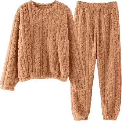 Produktbild von Damen Kuscheliger Fleece Pyjama Set in Rosa, Langarm Kabelstrick Schlafanzug mit Jogginghose, Weiche Flanell Nachtwäsche Loungewear für den Winter, Einheitsgröße, Braun