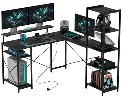 Produktbild von L-f?rmiger Schreibtisch mit Ladestation, Eck-Computertisch mit Monitorst?nder und Regalen, fš¹r Homeoffice, Bš¹ro, Schwarz