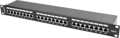 A black 19-inch rack-mount patch panel with 24 ports, labeled with numbers 1 through 24.