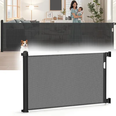 Produktbild von XINZI Einziehbares Treppenschutzgitter bis 150cm Schwarz, PVC Türschutzgitter mit Doppelschloss & Einhandbedienung für Kinder & Haustiere