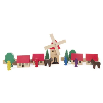 Produktbild von Holzspielzeug Spielzeugdorf mit Windmühle bunt Höhe ca. 10cm NEU