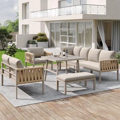 Produktbild von Gartenmöbelset, Gartenmöbelset mit galvanisiertem Stahlrahmen, verstellbare Füße, Eckbank, Glasplatte, inklusive allen Sitz- und Rückenkissen, beige