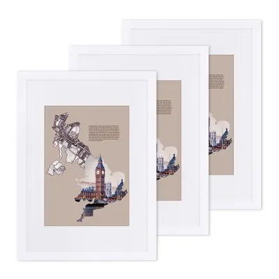 Produktbild von SONGMICS 3er-Set Bilderrahmen Din A3 (29,7 x 42 cm) Bilderrahmen mit A4 (21 x 29,7 cm) Passepartout Glasscheibe Rahmenbreite 2cm MDF weiß RPF03WT