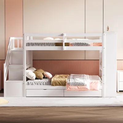 Produktbild von Etagenbett mit Staufächern Stauraumschubladen und großen Schließfächern Kinderbett Hausbett Kiefernbett Jugendbett 90*200 cm Weiß