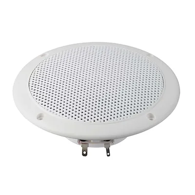 A white, round speaker with a perforated grille is shown against a white background.