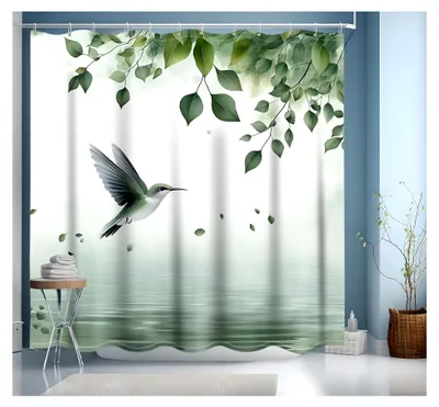 Produktbild von Duschvorhang 200x200 cm Grün mit Blättern, wasserdicht und waschbar, mit beschwertem Saum, inklusive 12 Duschvorhangringen für Badezimmer und Badewanne