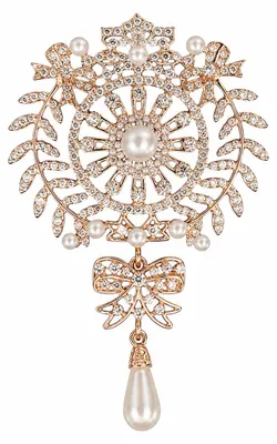 Goldfarbene Ornamentbrosche mit Perlenanhänger - Produktansicht 1