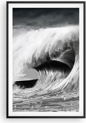 Produktbild von Gerahmtes Poster - Schwarzer Rahmen - Welle Zeichnung Schwarzweiß - 61x91,5 cm - Wand Bild - Wanddeko - Wandbilder - Wandposter - Bilderrahmen - Bilder - Kunstdruck - Wandbild - P2BPA61x91-4264