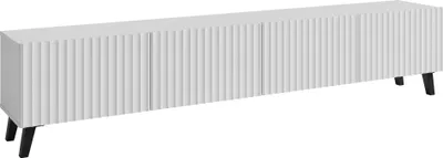 A white TV lowboard with fluted doors and black legs, presented on a white background.
