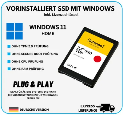Produktbild von 256GB SSD Festplatte mit vorinstallierten Windows 11 HOME ohne TPM für PC Laptop Notebook