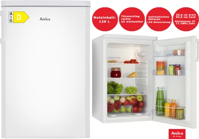 A collage showing a closed white refrigerator on the left and an open white refrigerator filled with food on the right, with feature callouts above.