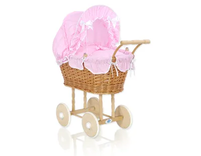 Image de Wiklinvagn pour poupées avec literie rose et couleur naturelle