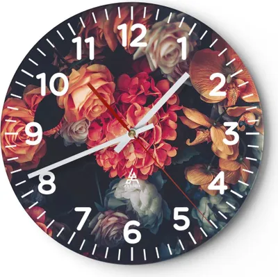 Produktbild von Wanduhr - Rund - Glasuhr - Blumenstrauß Blumen Rosen - 30x30cm - Schleichendes Uhrwerk - Lautlos - zum Aufhängen bereit - Dekoration Modern - Wanddekoration aus Glas - C4AR30x30-5002