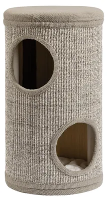 Imagen del producto de Cama para gatos "Fudajo Forest" de color camel con múltiples tonos, altura de 61 cm, diámetro de 35 cm. Incluye cojín. Cama para gatos con 2 entradas