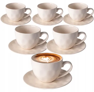 Zdjęcie produktu dla Komplet 6 Filiżanek Porcelanowych Ze Spodkiem 320Ml Cream Kawa Herbata
