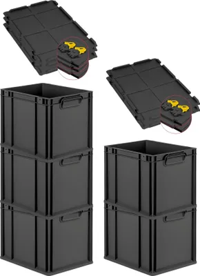 Produktbild von SuperSparSet 5x Eurobox NextGen Grip mit Scharnierdeckel und gelben Schiebeschnappverschlüssen | HxBxT 32x30x40cm | 30 Liter | Schwarz | Griffe geschlossen | Eurobehälter, Transportbox, Transportbehälter, Stapelbehälter