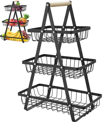 Produktbild von Obstschale – Obstkorb – Groß – 3-stöckige Obstschale – Obstregal mit Griff – H 49 cm – Küchenorganizer – Schreibtisch-Organizer – Schwarz