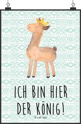 Produktbild von Mr. & Mrs. Panda Bild Lama König DIN A1 - Aztekenblau - Geschenk, Poster, wanddeko, Plakat, Lamas, drucke, Papa, Freundin, Wandbild, Abi