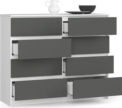 A white dresser with gray drawers, some of which are open, on a white background.