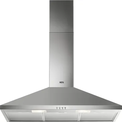 A stainless steel range hood with a chimney.