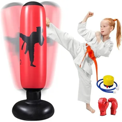 Produktbild von Boxsack Set 160*63 cm Stehend Aufblasbare Boxsäcke mit Boxhandschuhen, Standboxsäcke Fitness Dekompression Kick Kampftraining Rot