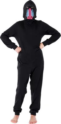 Produktbild von Ladeheid Mädchen Teenager Schlafoverall aus Baumwolle Tierkostüm Jumpsuit bunt Tiermotiv Verkleidung mit Kapuze LA40-233 (Schwarz Pavian, 170)