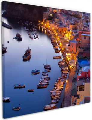Produktbild von Wallario Premium Leinwandbild Hafen bei Nacht - Italien hell erleuchtet in Größe 50 x 50 cm