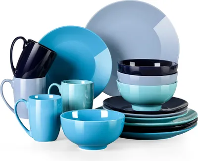 Obrázek produktu pro Stolní servis porcelán, LOVECASA 16dílný kombinovaný servis, sada nádobí pro 4 osoby, jídelní talíře, šálky, dezertní talíře, miska