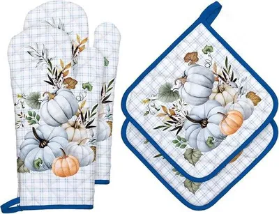 Produktbild von Famanu Ofenhandschuhe und Topflappen Set - Herbstblau mit Kürbisprint